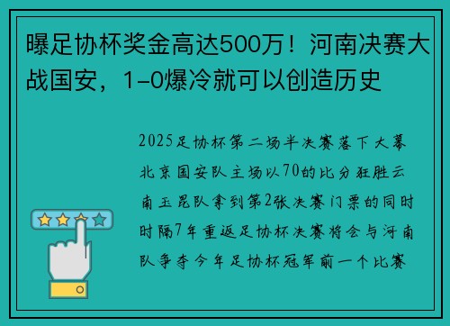 曝足协杯奖金高达500万!河南决赛大战国安,1-0爆冷就可以创造历史